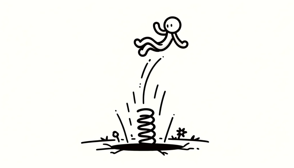 A stick figure falling into a pit, but there is a spring at the bottom of the pit that propels the figure back up higher than they were before