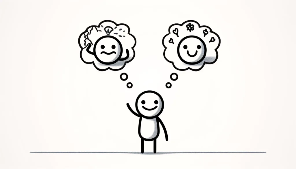 A stick figure with two thought bubbles above their head. One bubble shows a sad face and a broken object, while the other bubble shows a happy face and a blooming flower.