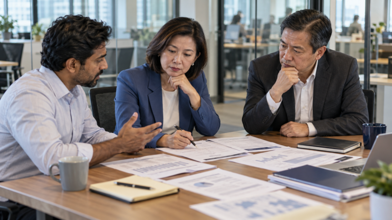 Senior leaders review assessment sheets and project reports to identify management capability gaps.