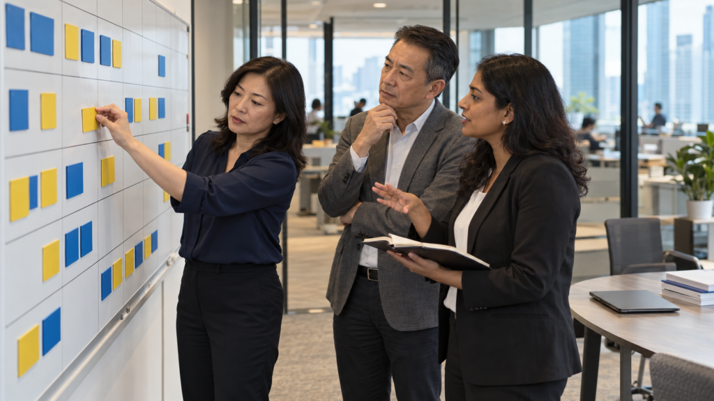 Senior leaders review a capability matrix to identify gaps across departments and prioritise leadership development.
