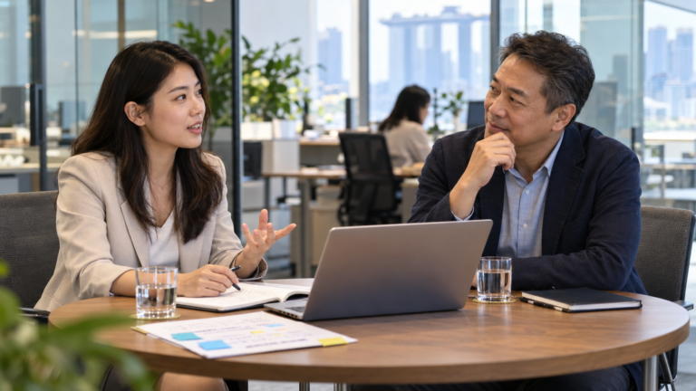 A new manager explains her reasoning during a workplace coaching session with an experienced mentor.