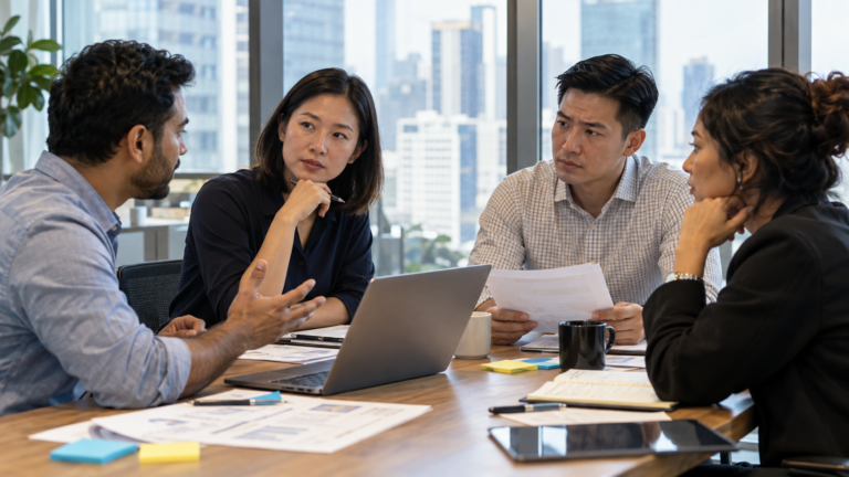 A leader guides a team through a complex workplace problem, with tangled paths becoming clearer routes forward.